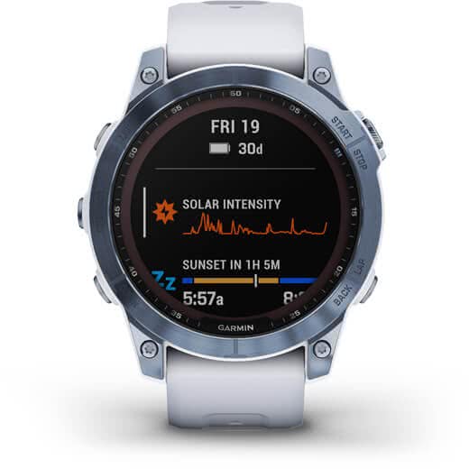 Мультиспортивные часы Garmin Fenix 7 Sapphire Solar, титановый синий минерал DLC с белым ремешком