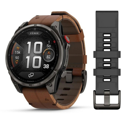 Умные часы Garmin Fenix 8 Pro, 47 мм, Amoled Sapphire Lens Tinanium With Chestnut Leather Band Plus  Black Pebble Gray Silicon Band  фото