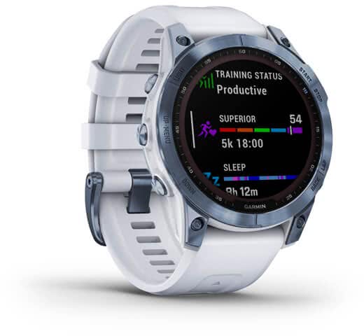 Мультиспортивные часы Garmin Fenix 7 Sapphire Solar, титановый синий минерал DLC с белым ремешком