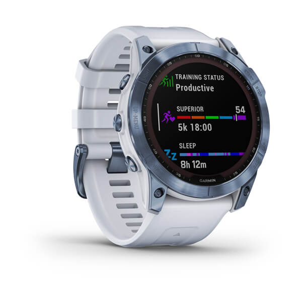 Мультиспортивные часы Garmin Fenix 7X Sapphire Solar титановый синий минерал DLC с белым ремешком