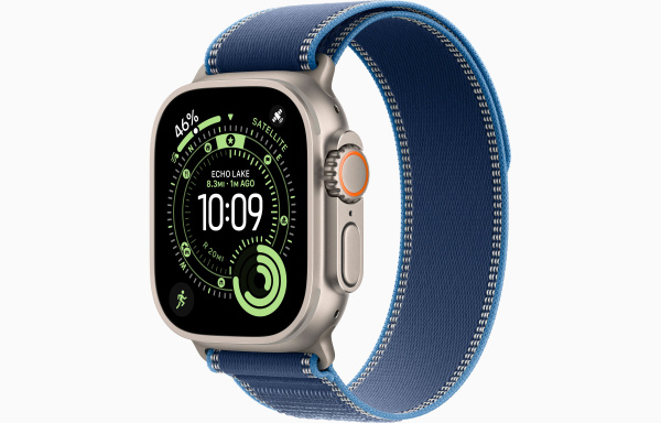 Apple Watch Ultra 3, 49mm, Natural Titanium, Bright Blue Trail Loop M/L, MEWU4