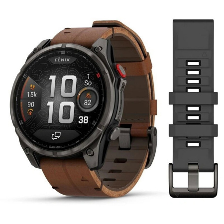 Умные часы Garmin Fenix 8 Pro, 47 мм, Amoled Sapphire Lens Tinanium With Chestnut Leather Band Plus  Black Pebble Gray Silicon Band  фото