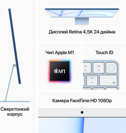 Apple iMac 24" Retina 4K, M1 (8C CPU, 8C GPU), 16 ГБ, 512 ГБ SSD, Blue (синий), русская клавиатура