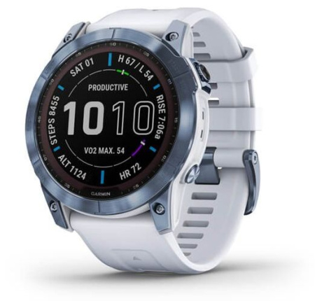 Мультиспортивные часы Garmin Fenix 7X Sapphire Solar титановый синий минерал DLC с белым ремешком